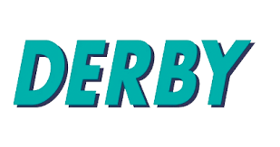 Logótipo da palavra DERBY em letras turquesa com sombra preta