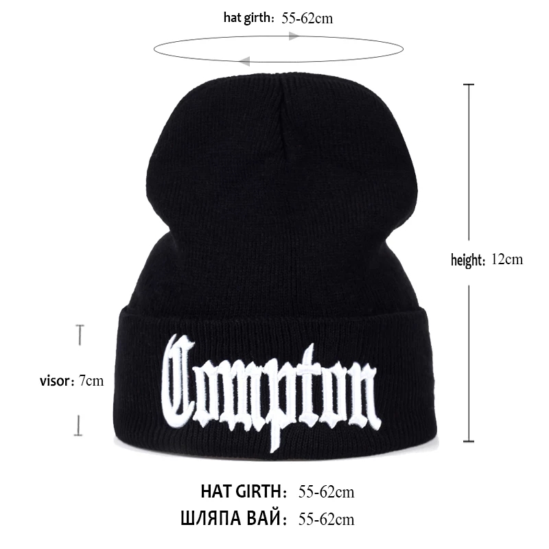 Gorro preto de malha com 'Compton' em branco e medidas indicadas