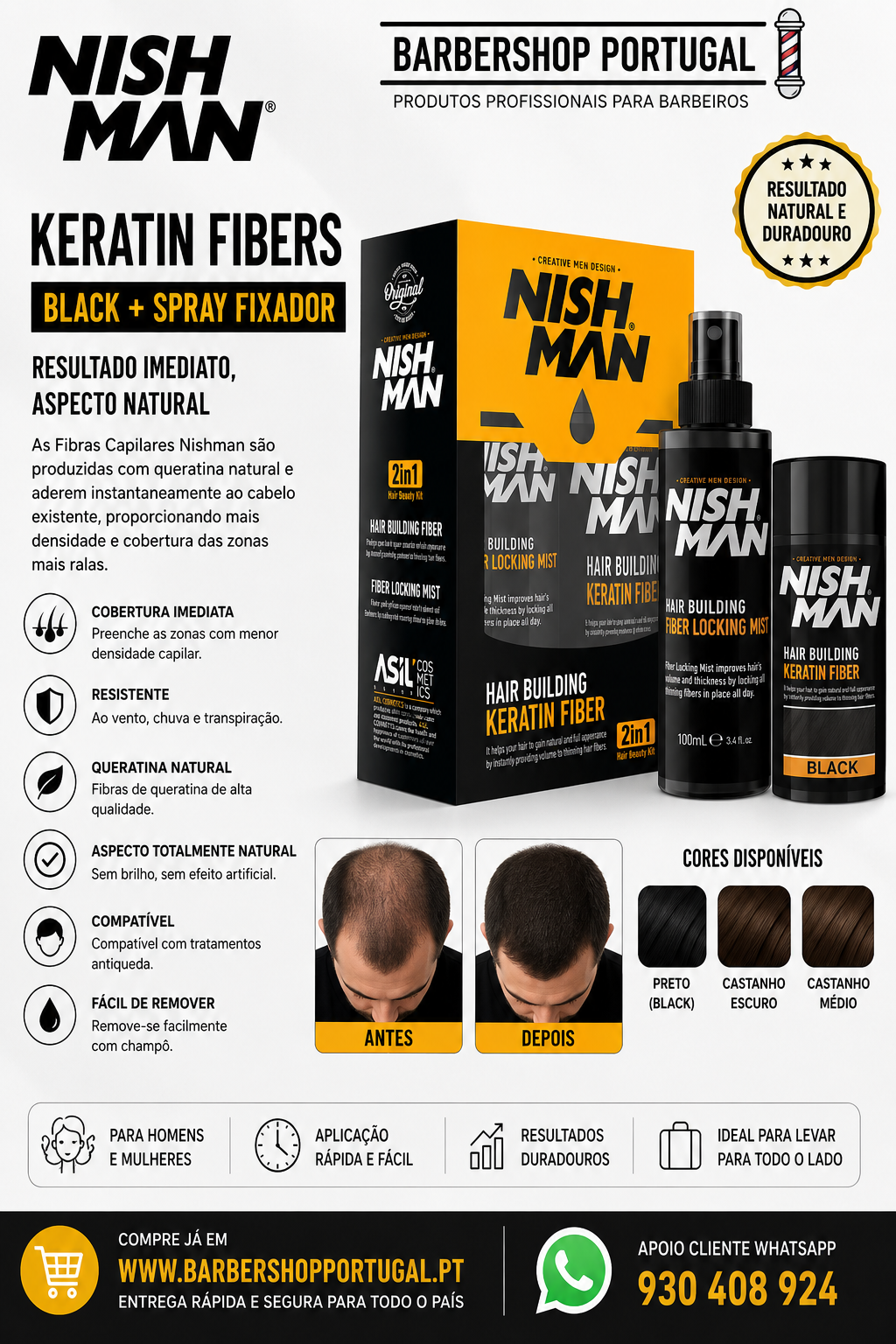 Produtos Nishman Keratin Fibers e Spray Fixador em embalagem preta e amarela, texto e imagens antes e depois, cores disponíveis e contatos.
