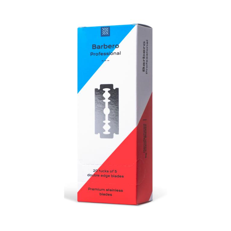 Embalagem de lâminas de barbear Barbero Professional com cores branco, azul e vermelho