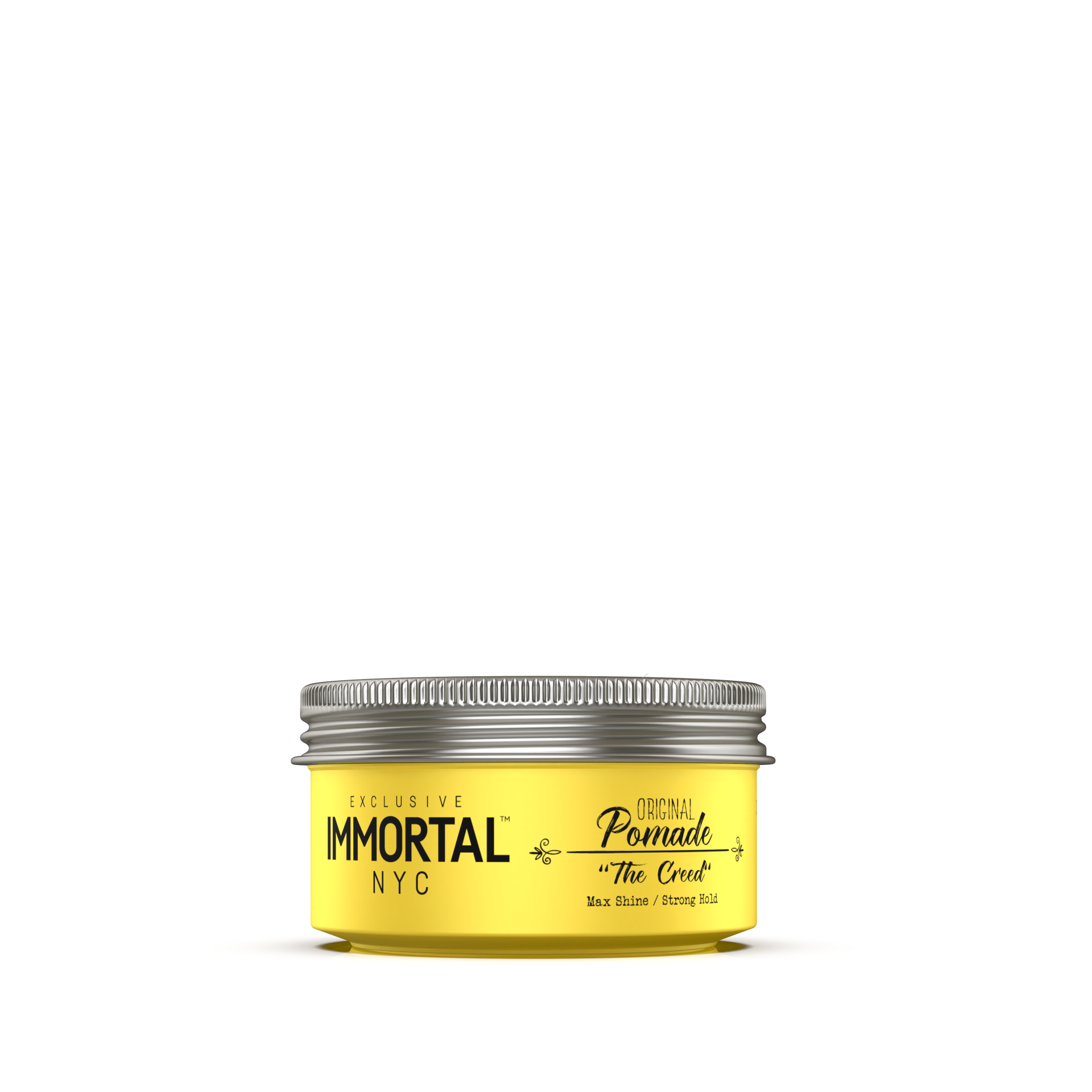 Pote amarelo de pomada para cabelo com tampa metálica prateada e texto preto