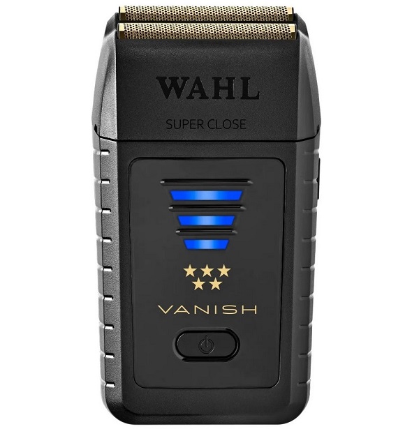 Aparelho de barbear elétrico WAHL Vanish preto com grelha dourada e luzes azuis