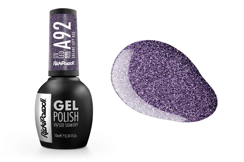 Esmalte gel roxo com glitter e embalagem preta com texto