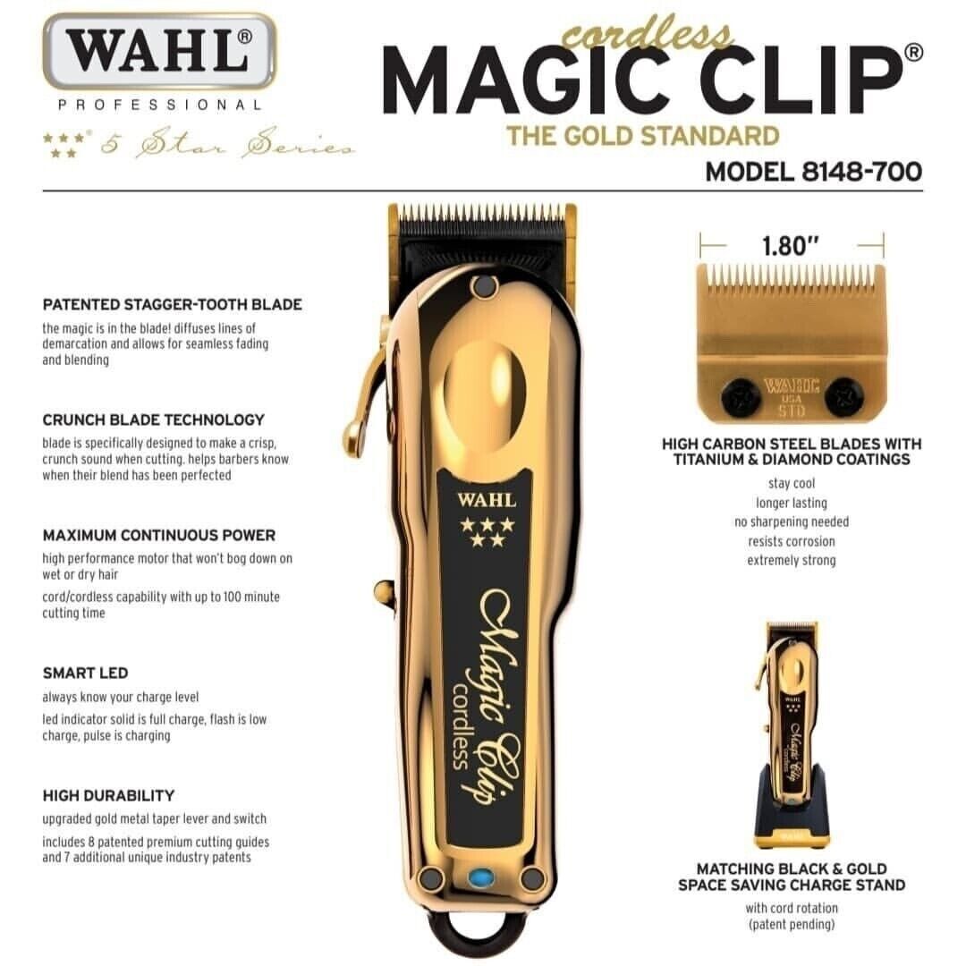Máquina de cortar cabelo Wahl Magic Clip dourada e preta