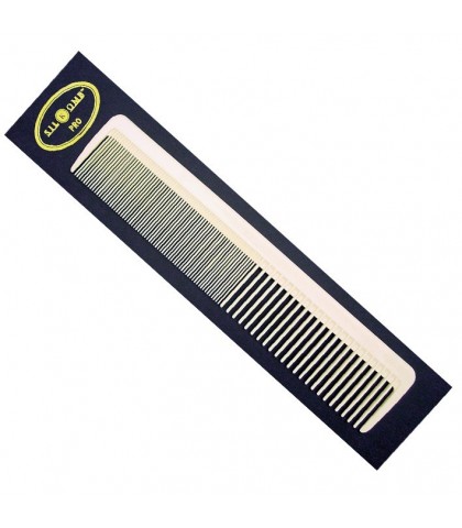 Pente branco com dentes finos e largos embalado em cartão azul com texto amarelo