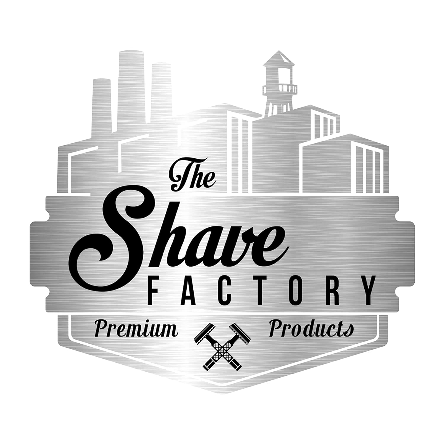 Logótipo metálico prateado com texto The Shave Factory Premium Products e fábrica estilizada