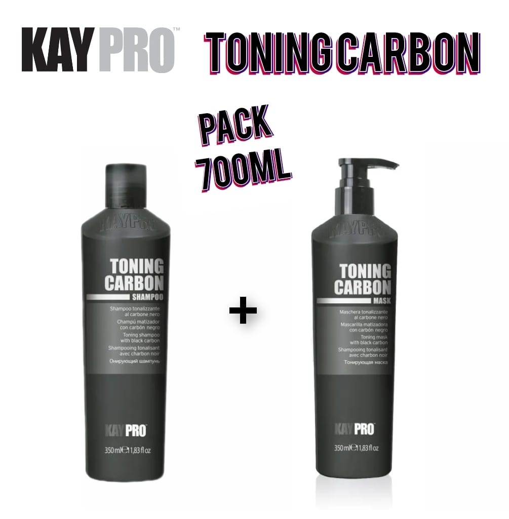 Pack de champô e máscara KayPro Toning Carbon em garrafas pretas