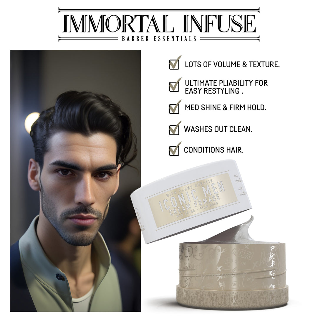 Pote de cera para cabelo 'Immortal Infuse' aberto ao lado da foto de um homem com cabelo modelado.