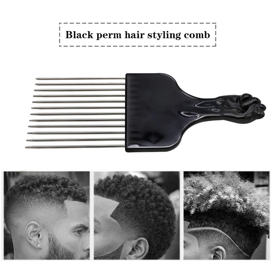 Pente para cabelo black perm com dentes metálicos e imagens de penteados afro
