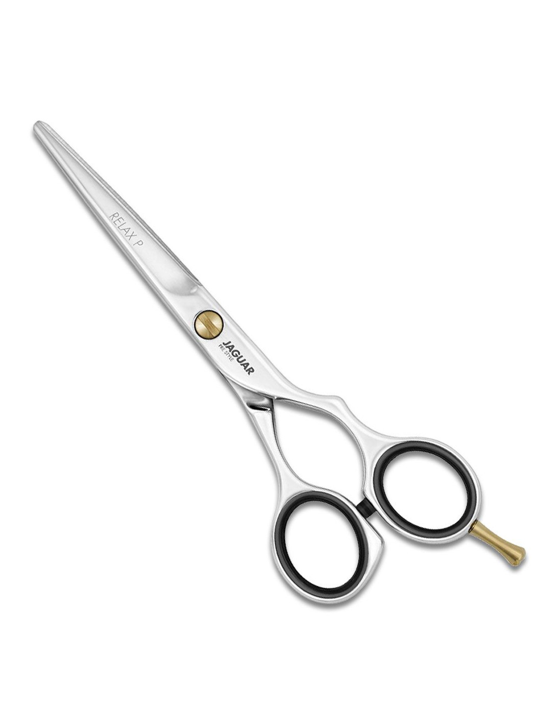 Tesoura de cabelo prateada com detalhes dourados e preto