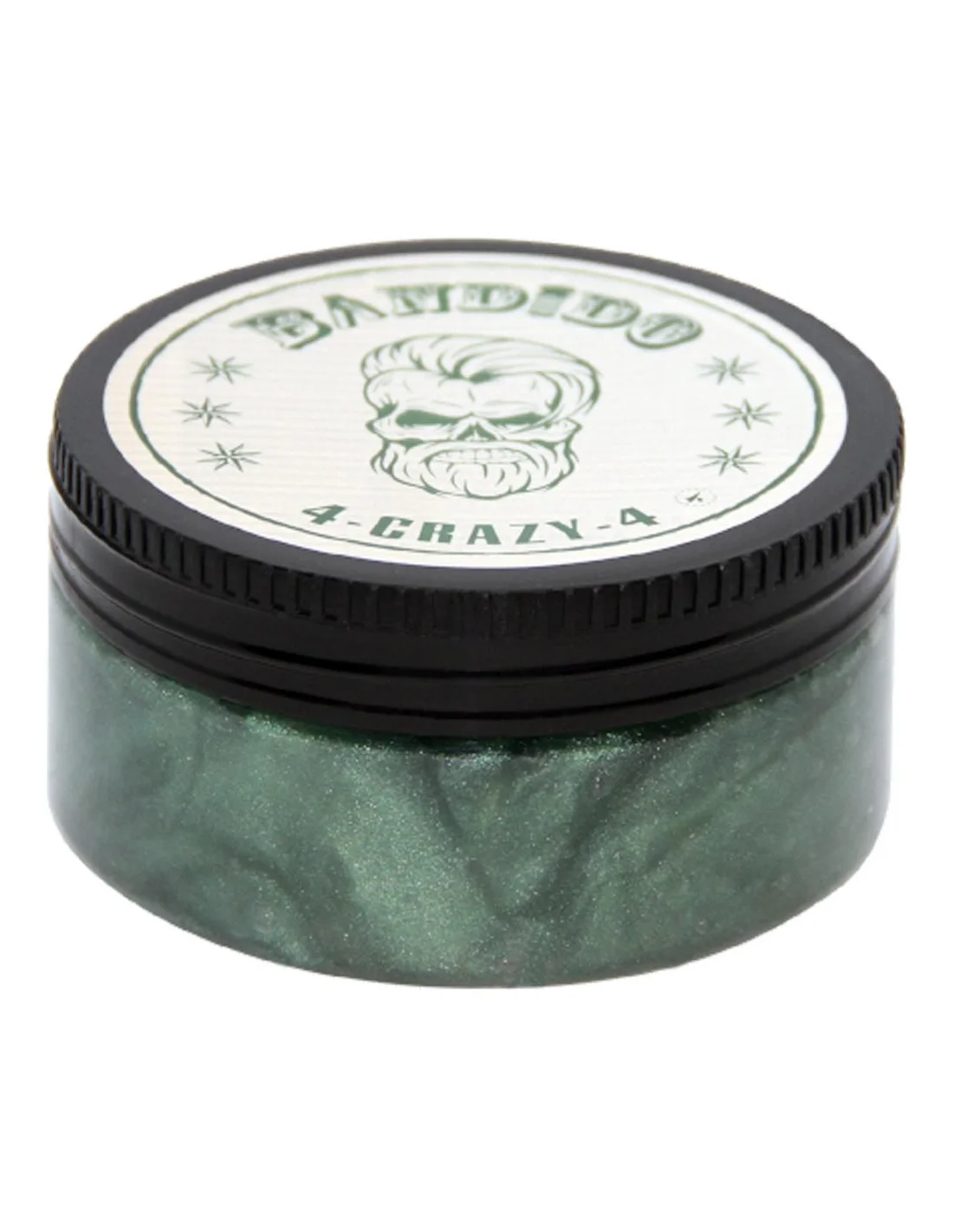 Frasco redondo com tampa preta e etiqueta branca com texto e caveira