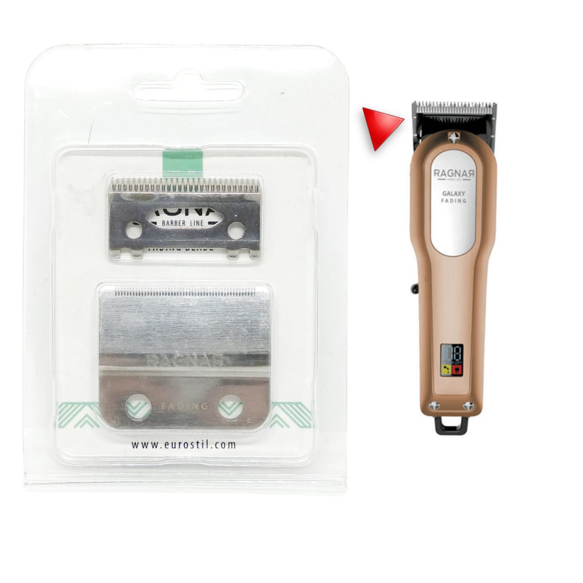 Lâminas de substituição para máquina de cortar cabelo e máquina de cortar cabelo elétrica bronze com ponteira vermelha destacada.