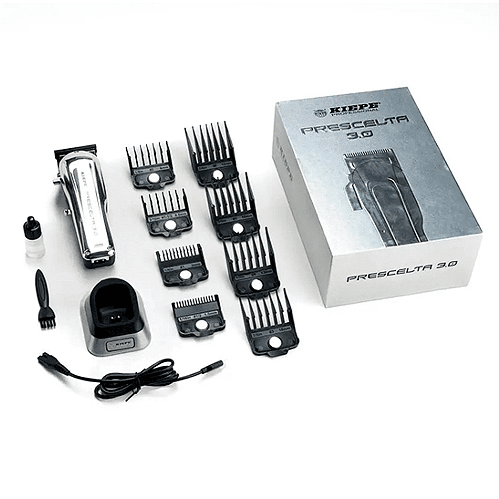 Conjunto de máquina de cortar cabelo Keepp com acessórios e embalagem em fundo branco