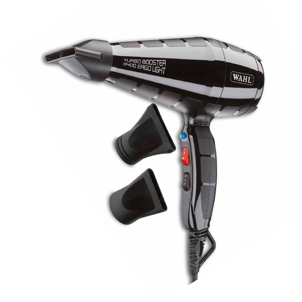 Secador de cabelo WAHL Turbo Booster 3400 Ergo Light preto com dois bicos de concentração