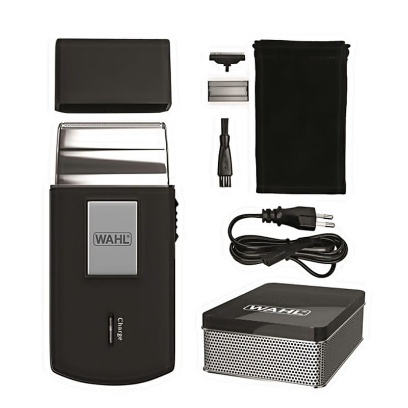 Aparelho de barbear elétrico WAHL com acessórios e estojo em fundo branco
