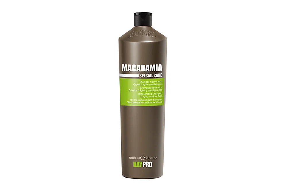 Garrafa castanha de produto para cabelo MACADAMIA SPECIAL CARE com rótulo verde e tampa preta