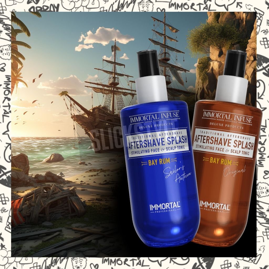 Dois frascos de aftershave IMMORTAL INFUSE azul e âmbar com cenário de navio pirata ao pôr do sol.