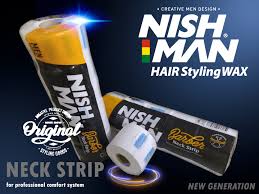 Pote de cera para cabelo NISH MAN Hair Styling Wax com faixa para o pescoço e texto promocional