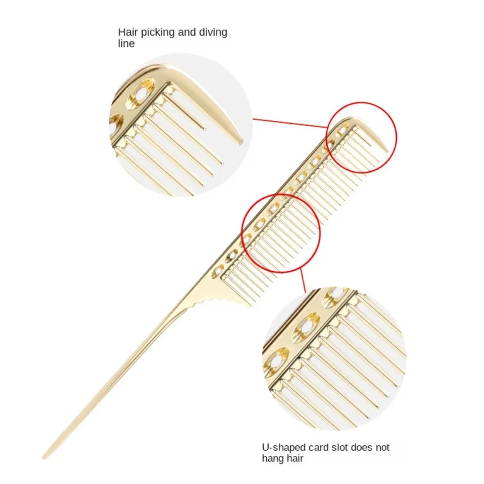 Pente dourado com dentes finos e descrições técnicas em inglês