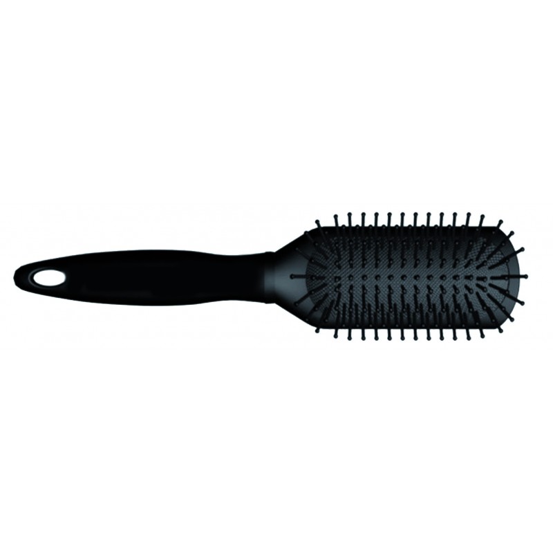Escova de cabelo preta com cabo e base almofadada retangular