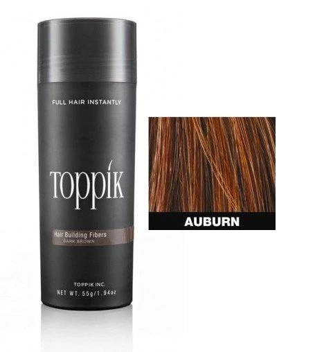 Frasco preto de fibra capilar Toppik e amostra de cabelo cor Auburn