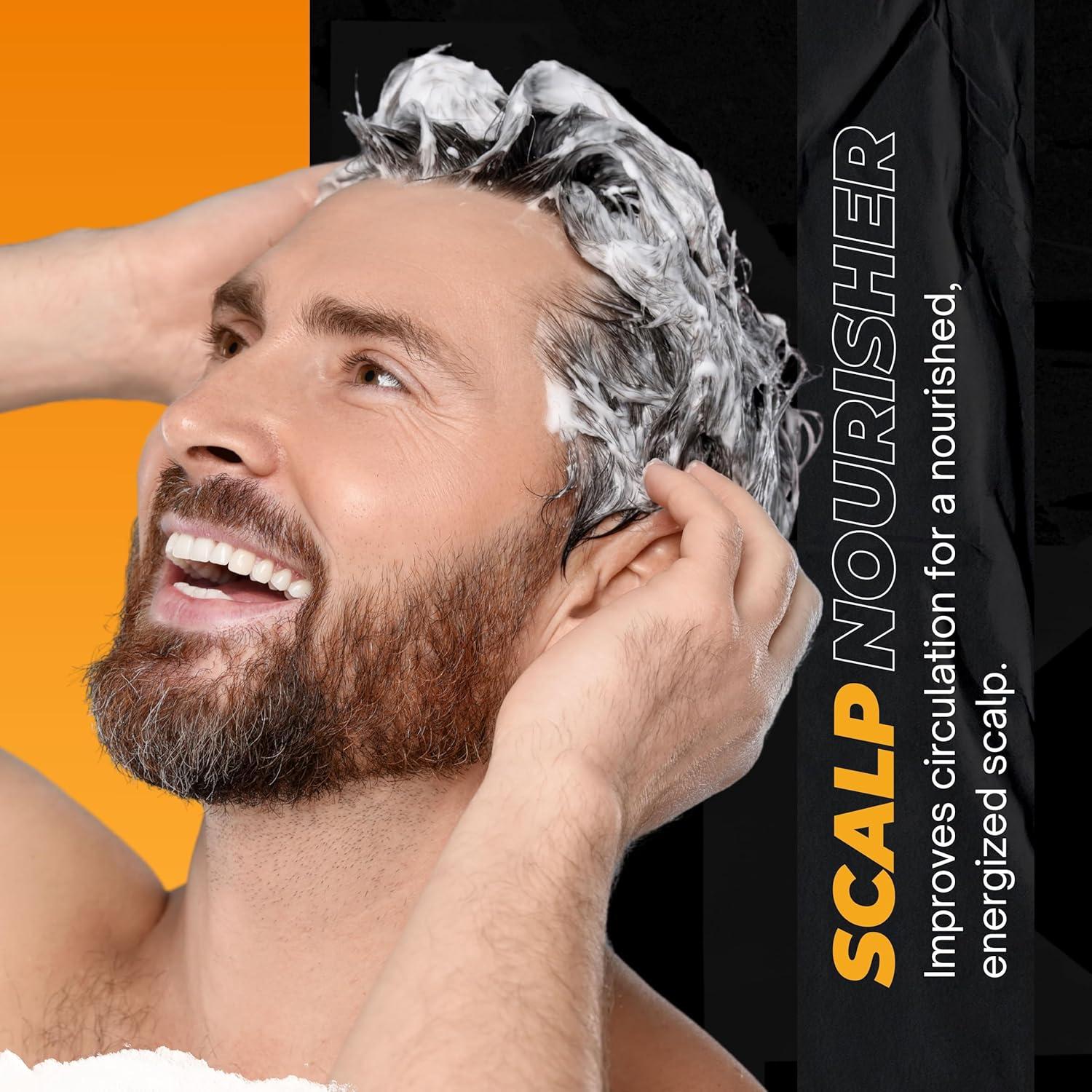 Homem a lavar cabelo com espuma branca com texto SCALP NOURISHER
