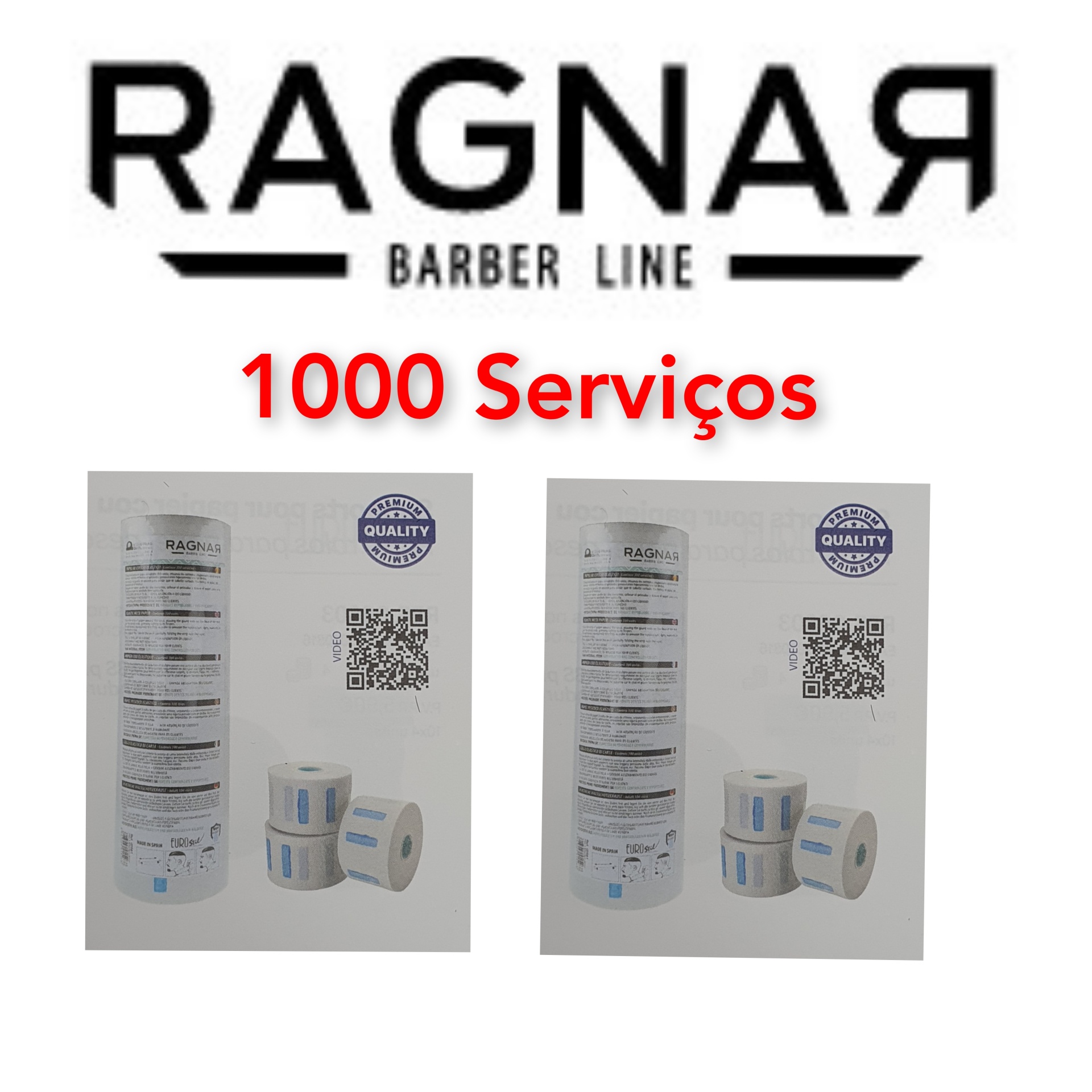 Logotipo RAGNAR BARBER LINE com duas embalagens de rolos de etiquetas adesivas e selo de garantia de qualidade