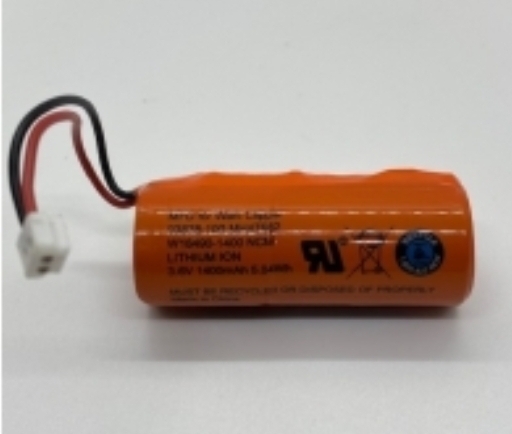 Bateria laranja com fios pretos e vermelhos, texto técnico impresso