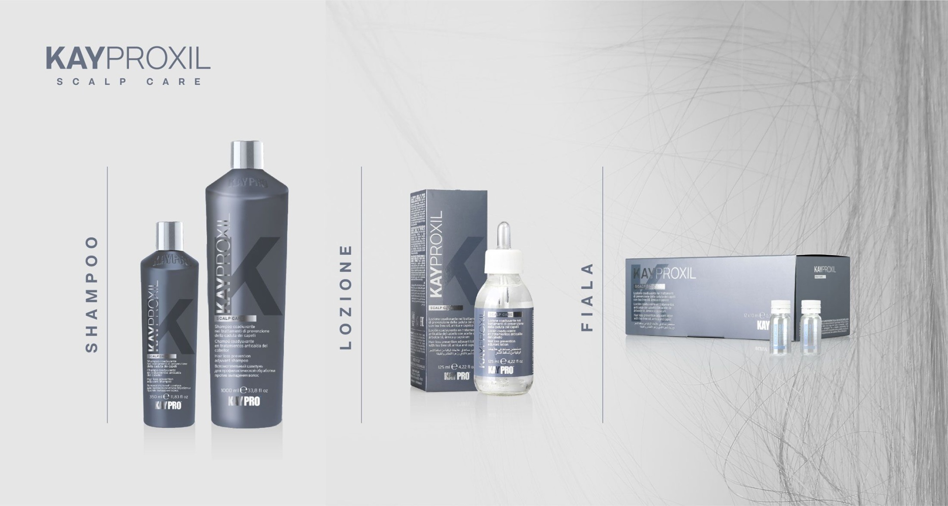 Produtos capilares cinza escuros KAYPROXIL SCALP DARK shampoo, lozione e fiala em fundo claro