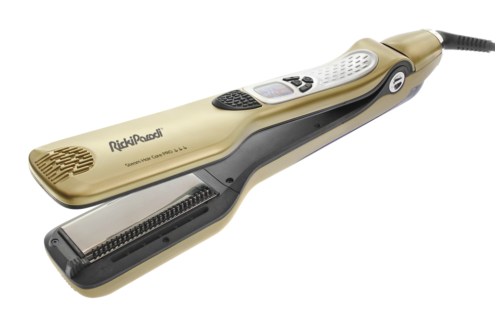 Prancha de cabelo dourada e preta com visor digital