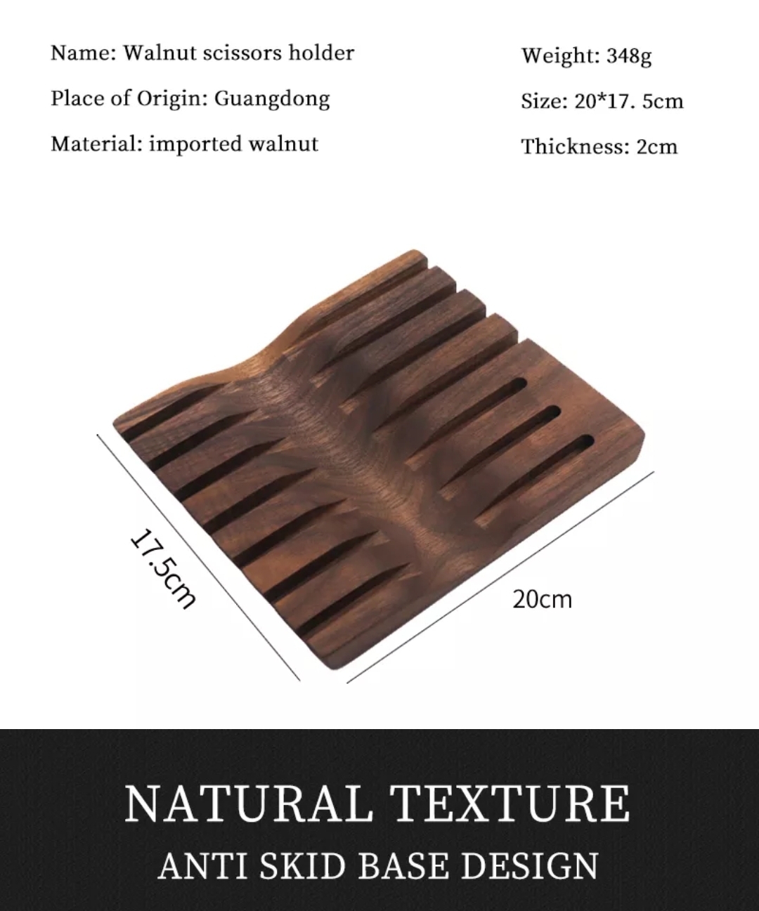 Suporte para tesouras em madeira de noz com ranhuras e textura natural escura