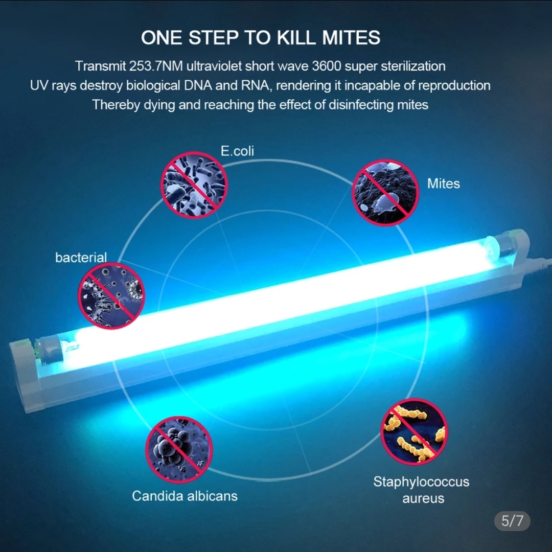 Lâmpada ultravioleta azul com texto e imagens microscópicas destacando bactérias e ácaros