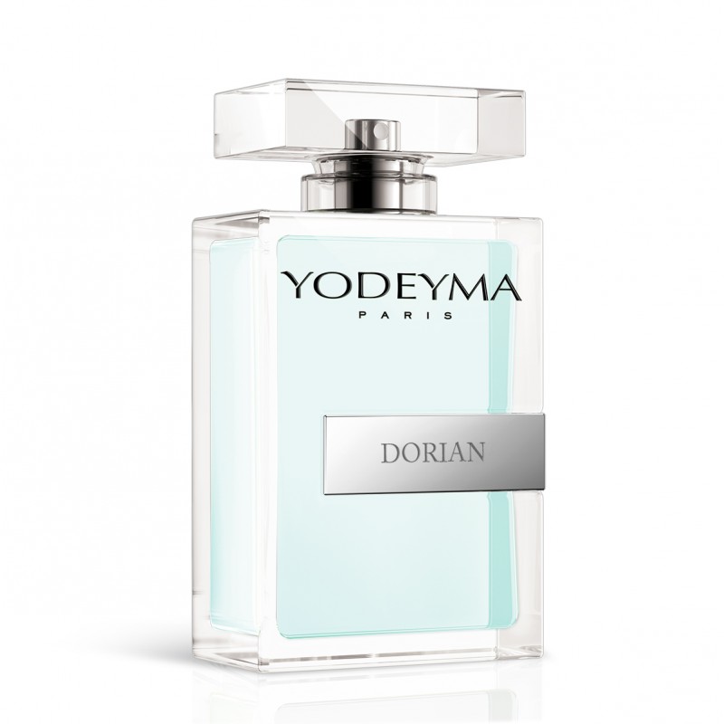 Frasco de perfume transparente com líquido azul claro e rótulo com texto DORIAN