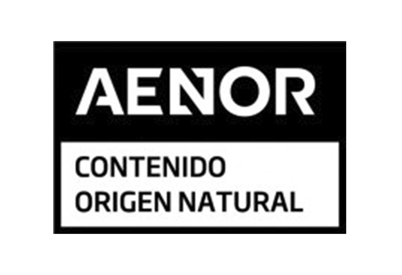 Etiqueta AENOR com texto CONTENIDO ORIGEN NATURAL