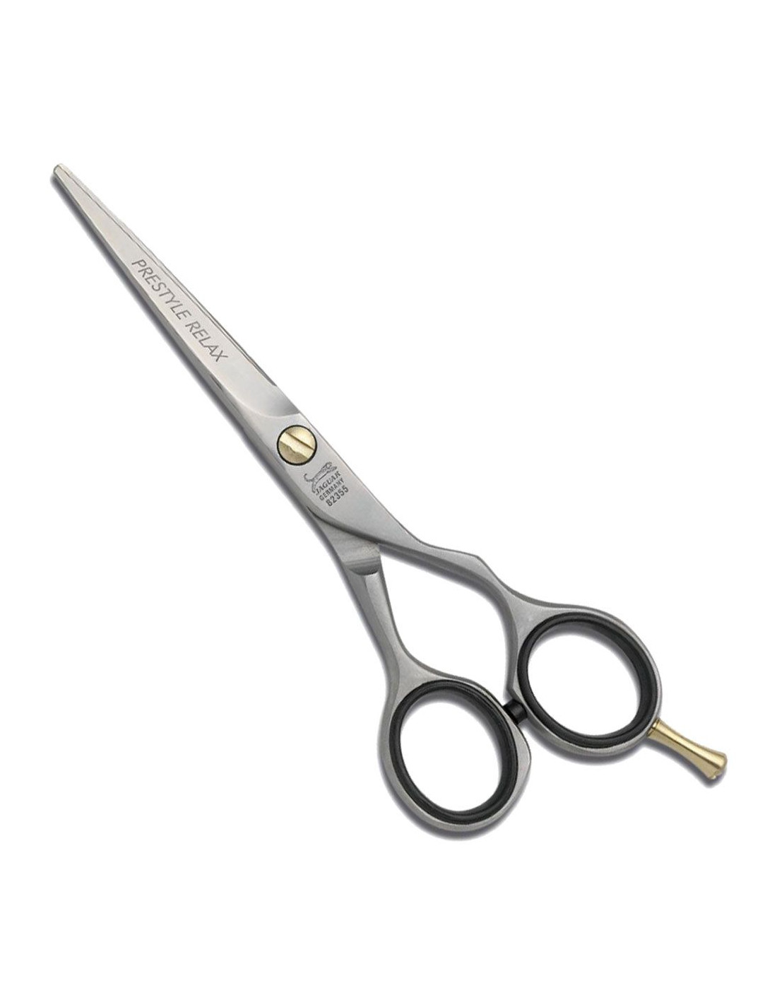 Tesoura de corte profissional em metal prateado com detalhes dourados e texto gravado