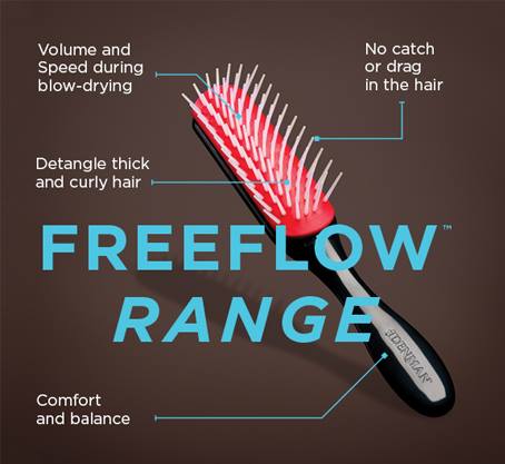 Escova de cabelo vermelha e preta com texto promocional em inglês no fundo marrom