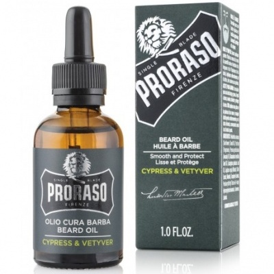 Óleo para barba Proraso Cypress & Vetyver com frasco em vidro castanho e caixa preta ao lado