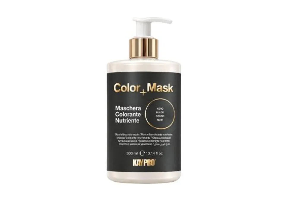 Frasco com doseador branco e dourado de máscara capilar Color_Mask Kaypro