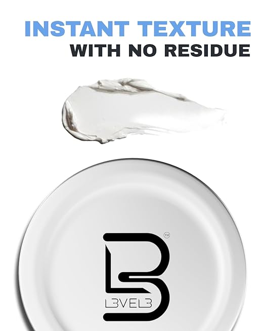 Produto cosmético branco cremoso com texto INSTANT TEXTURE WITH NO RESIDUE e frasco branco com logótipo L3VEL3