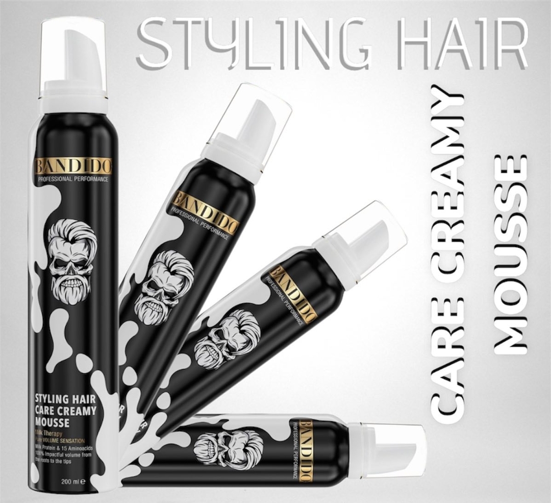 Frascos pretos de mousse para cabelo BANDIDO com desenho de crânio e texto em fundo cinza
