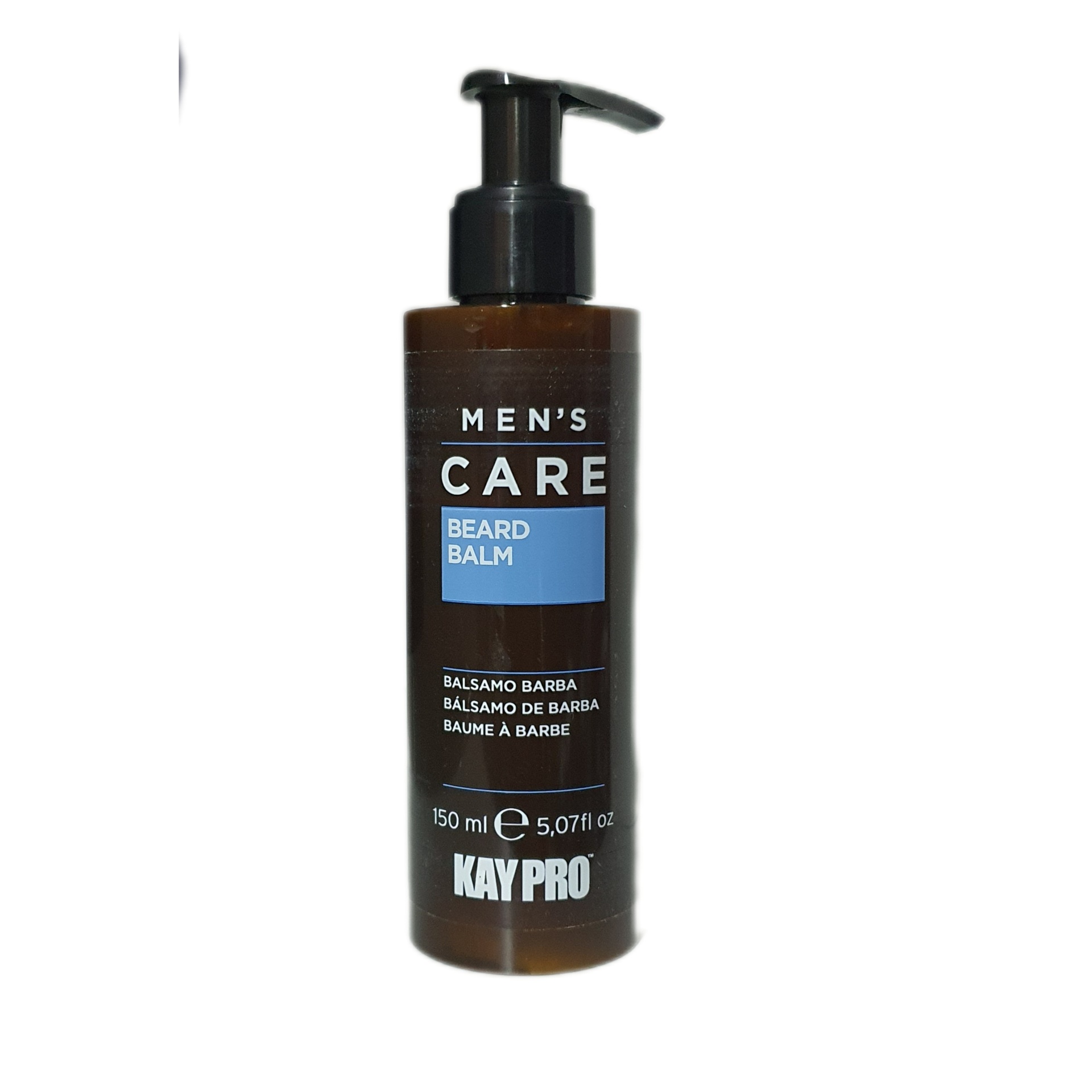 Bálsamo para barba em frasco marrom com doseador preto e etiqueta azul KAY PRO
