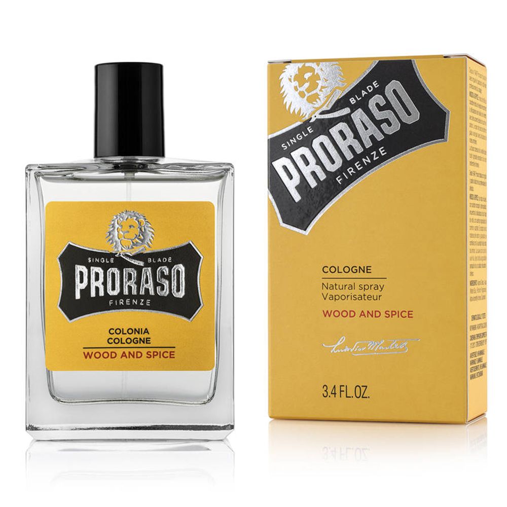 Frasco e embalagem de colónia Proraso Wood and Spice amarelos e pretos