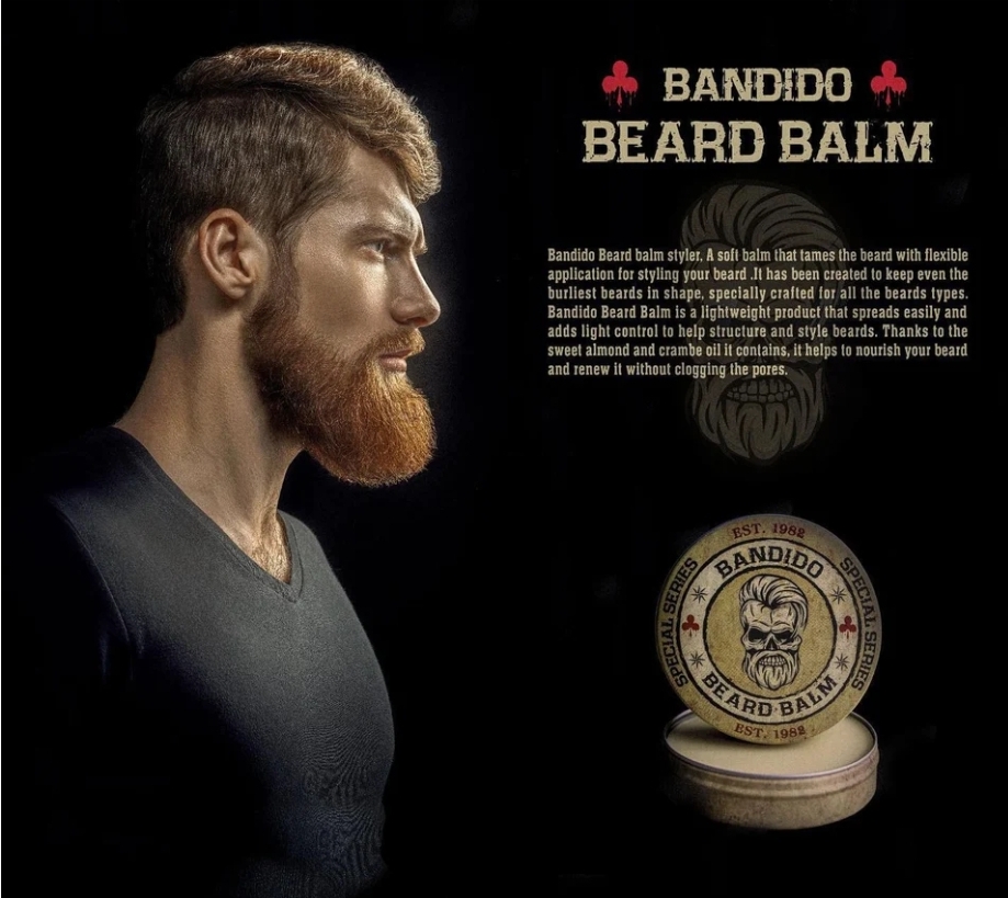 Homem com barba ruiva ao lado de pote de Bandido Beard Balm
