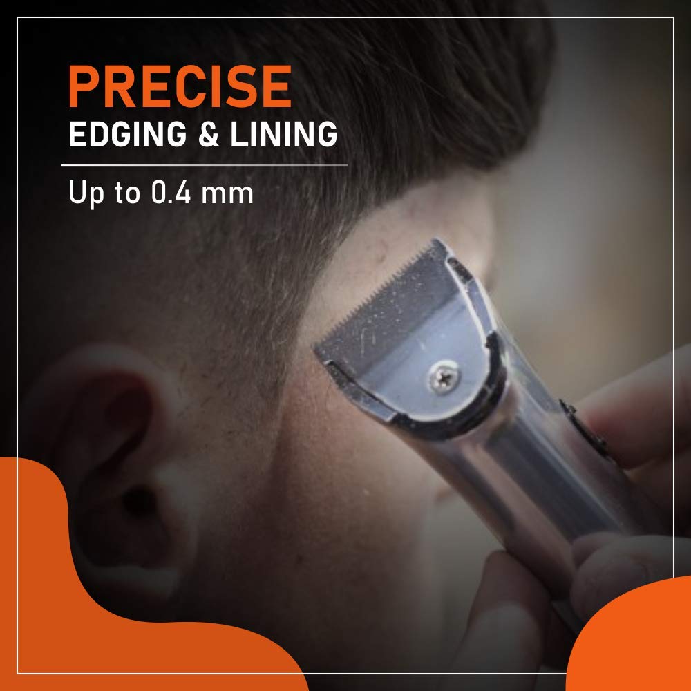 Aparelho de barbear metálico aparando cabelo castanho com texto promocional em inglês