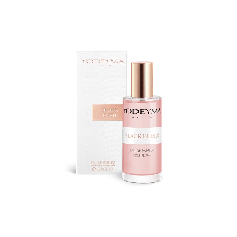 Frasco de perfume Yodeyma Paris Black Elixir rosa e branco com tampa dourada e embalagem branca com texto