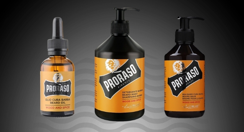 Produtos Proraso para barba com rótulos laranja e preto.