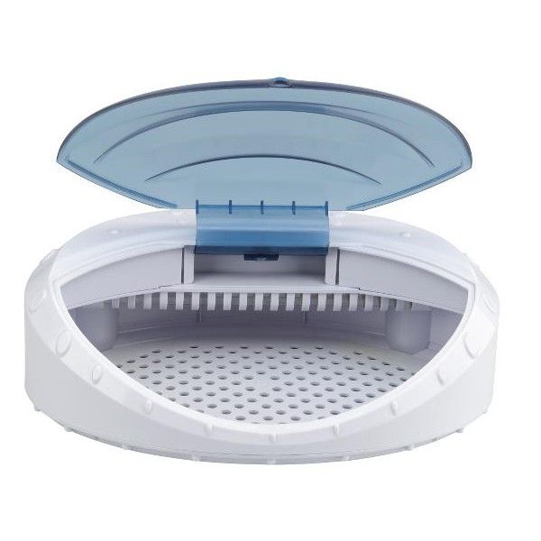 Esterilizador branco com tampa azul translúcida aberta