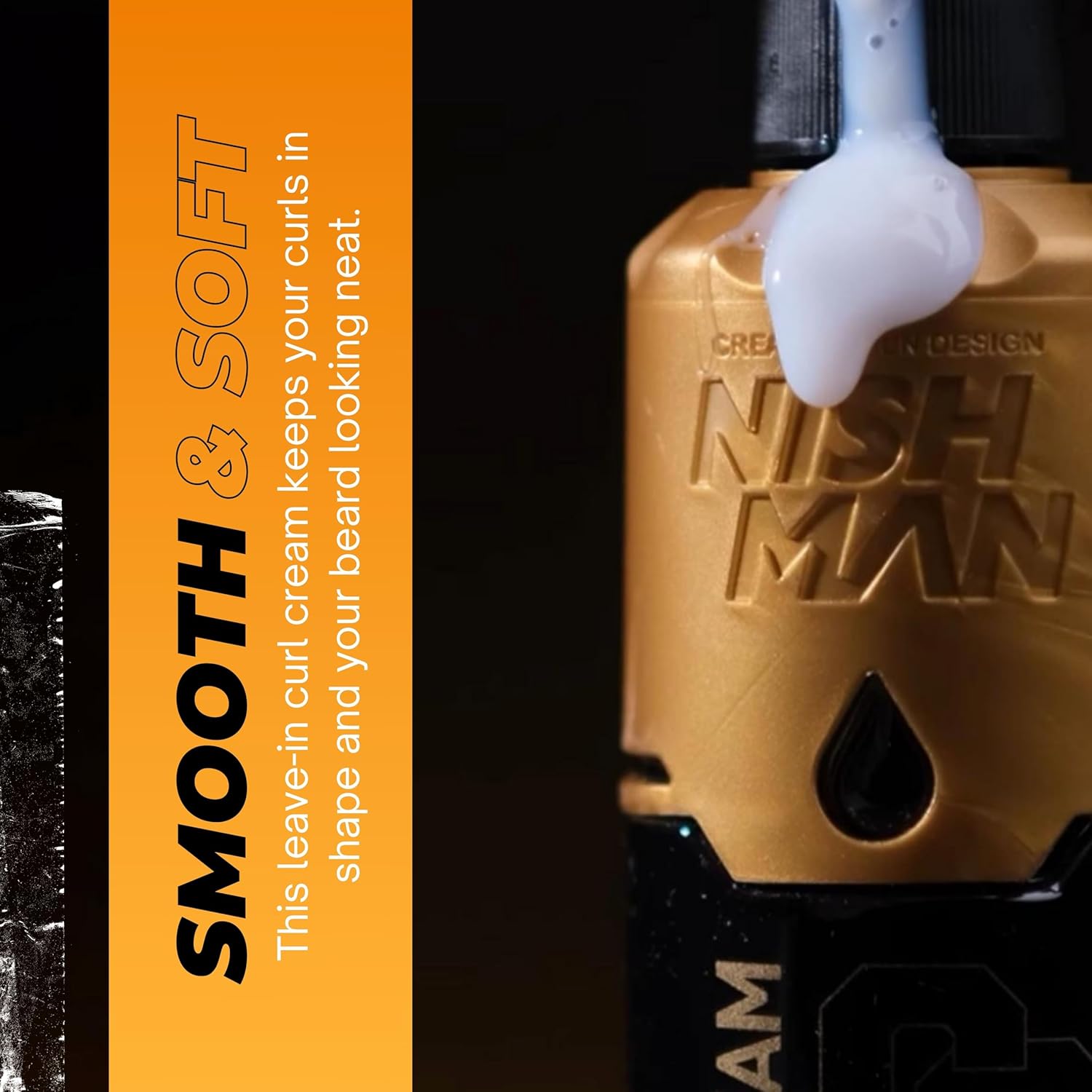 Frasco dourado e preto de creme leave-in com textura cremosa branca, texto promocional em fundo laranja