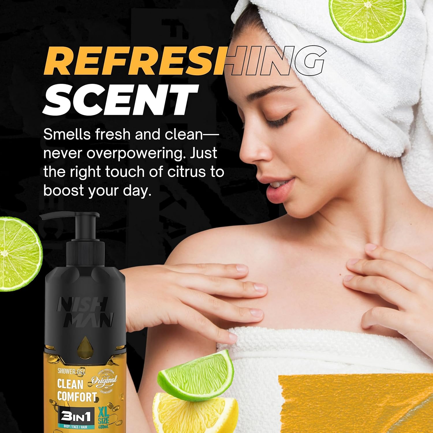 Gel de banho NISH MAN Clean Comfort 3 em 1 com mulher e frutas cítricas