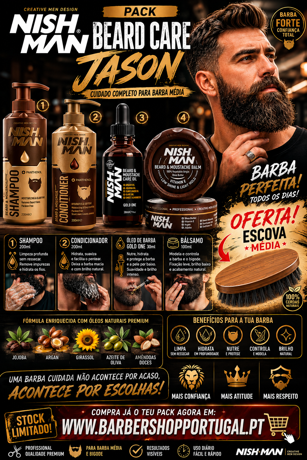 Pack de cuidados para barba média Nish Man Jason com shampoo, condicionador, óleo de barba e bálsamo, além de escova oferta e homem com barba grande ao lado.